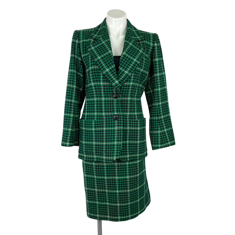 VINTAGE YSL Yves Saint Laurent Rive Gauche Green Plaid Wool Skirt Set FR 38 XS - Picture 7 of 15